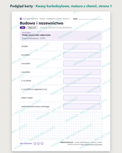 Kwasy karboksylowe — matura z chemii — 10 kart PDF z kluczem — podgląd karty, strona 1