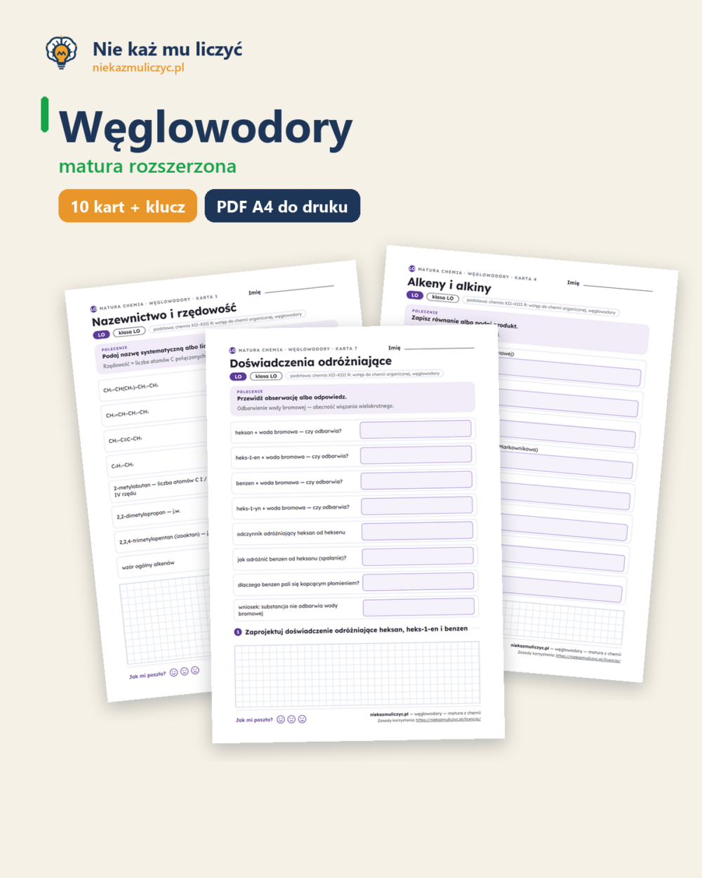 Węglowodory — matura z chemii — 10 kart PDF z kluczem — okładka