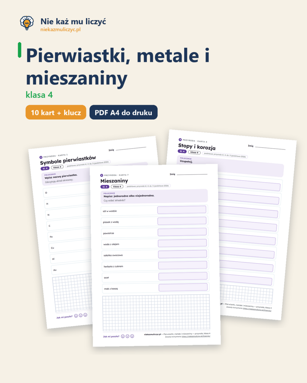 Pierwiastki, metale i mieszaniny — przyroda, klasa 4, 10 kart PDF — okładka