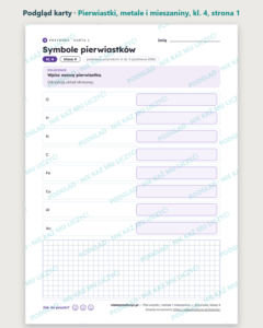 Pierwiastki, metale i mieszaniny — przyroda, klasa 4, 10 kart PDF — podgląd karty, strona 1