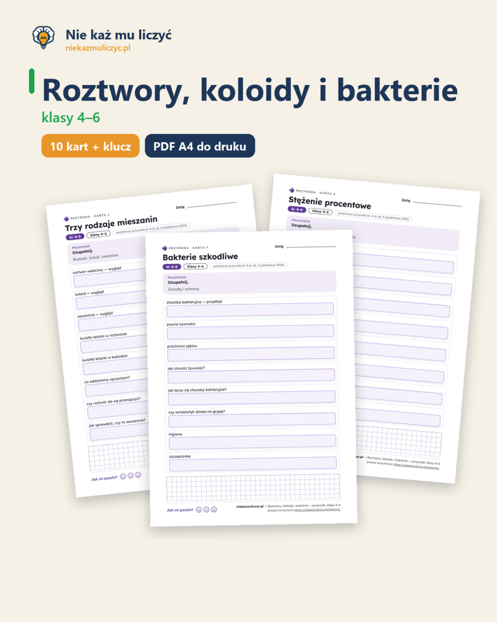 Roztwory, koloidy i bakterie — przyroda, klasy 4–6, 10 kart PDF — okładka