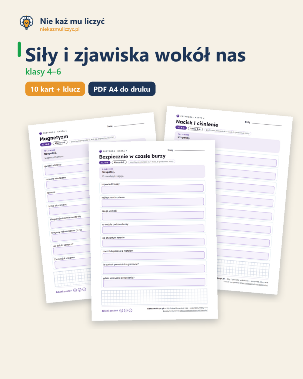 Siły i zjawiska wokół nas — przyroda, klasy 4–6, 10 kart PDF — okładka