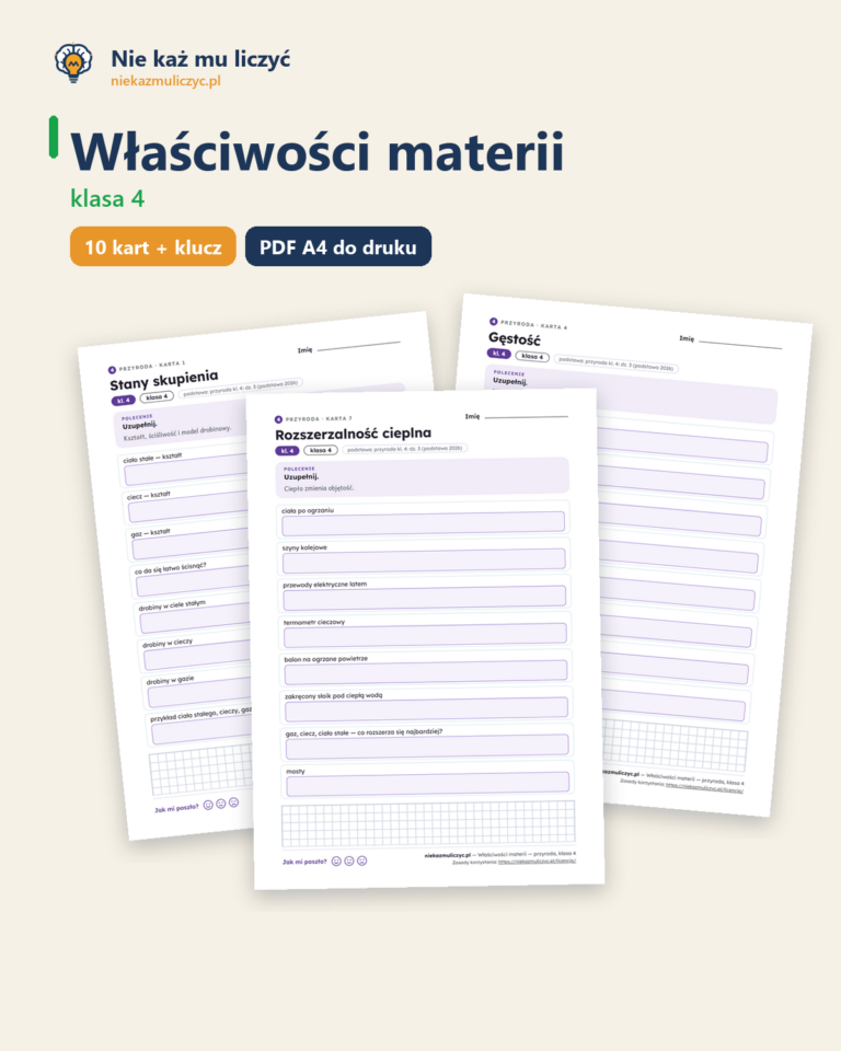 Właściwości materii — przyroda, klasa 4, 10 kart PDF — okładka
