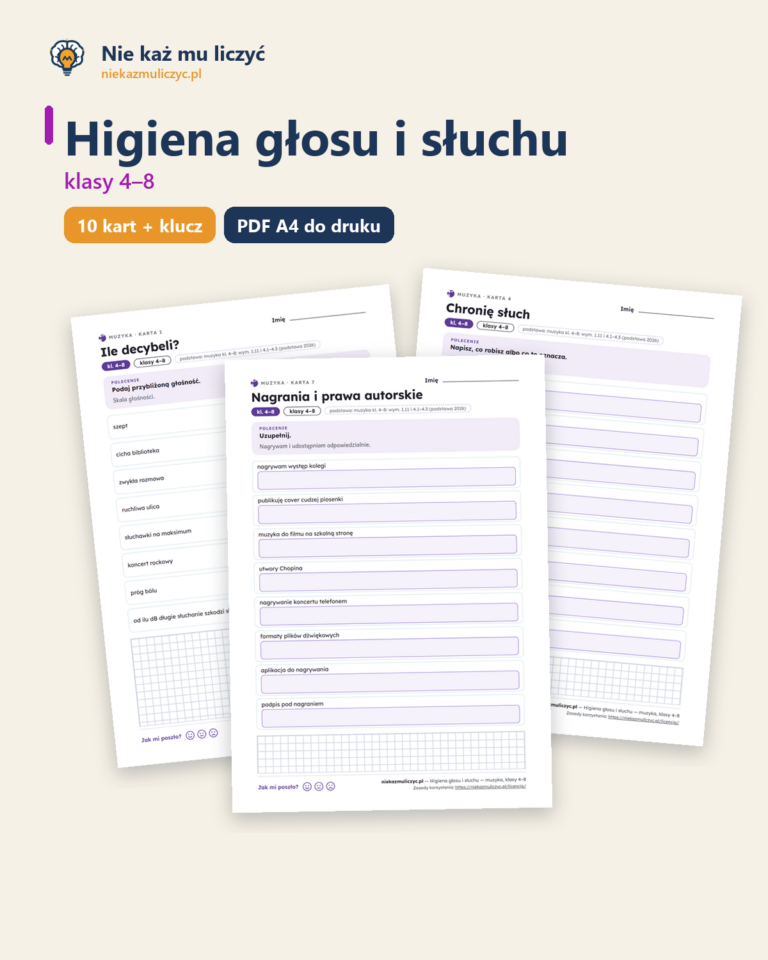 Higiena głosu i słuchu — muzyka, klasy 4–8, 10 kart PDF — okładka