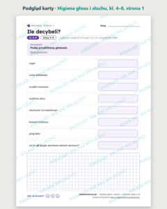 Higiena głosu i słuchu — muzyka, klasy 4–8, 10 kart PDF — podgląd karty, strona 1