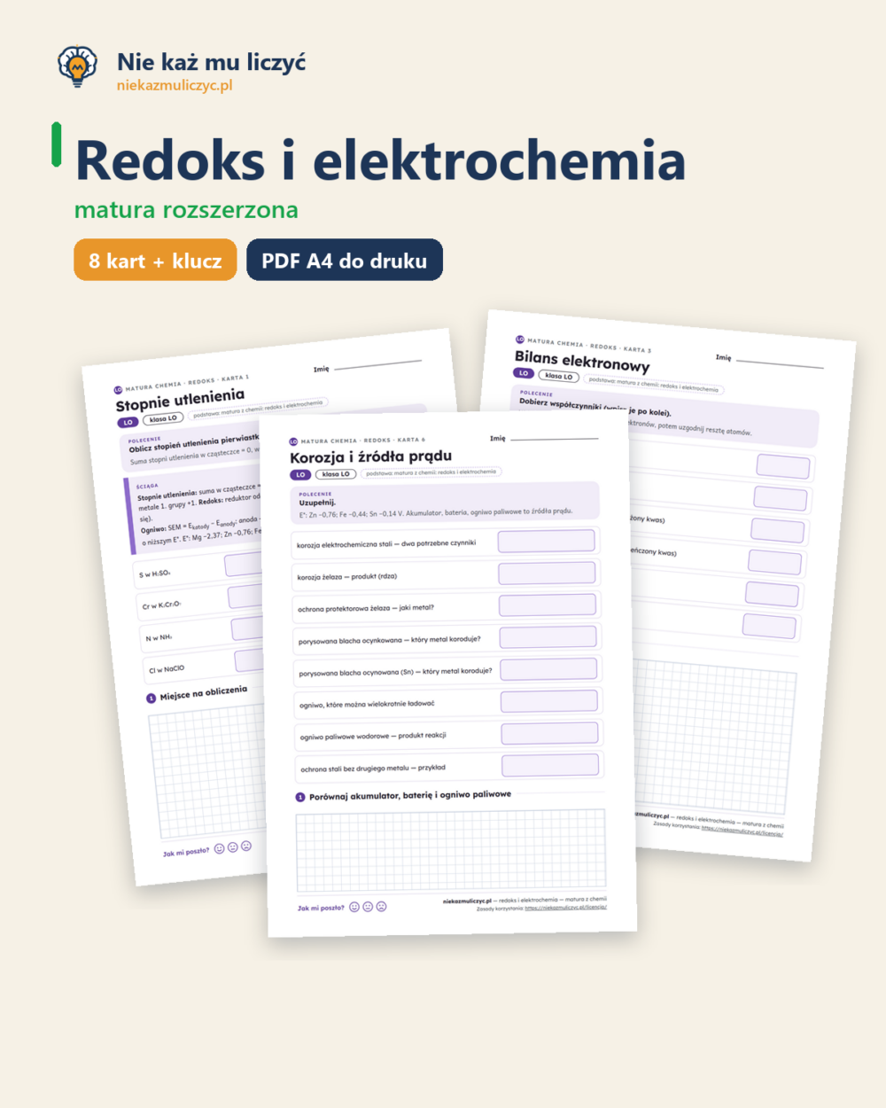 Redoks i elektrochemia — matura z chemii — 8 kart PDF z kluczem — okładka