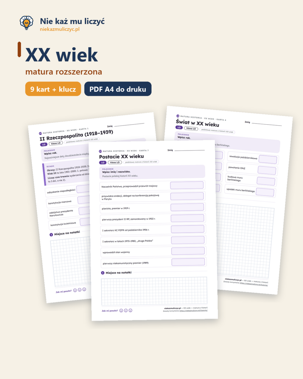 XX wiek — matura z historii — 9 kart PDF z kluczem — okładka