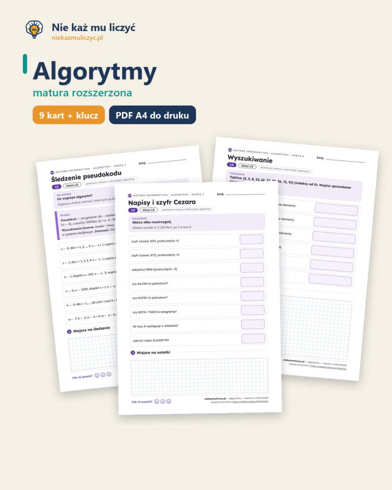 Algorytmy — matura z informatyki — 9 kart PDF z kluczem — okładka