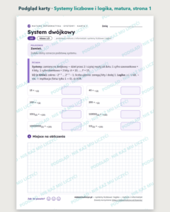 Systemy liczbowe i logika, matura z informatyki — 9 kart PDF z kluczem — podgląd karty, strona 1