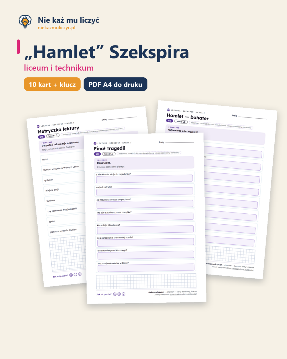 „Hamlet” Szekspira — karty do lektury, liceum, 10 kart PDF — okładka