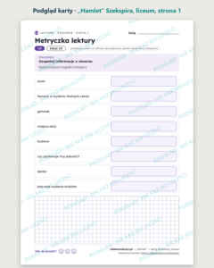 „Hamlet” Szekspira — karty do lektury, liceum, 10 kart PDF — podgląd karty, strona 1