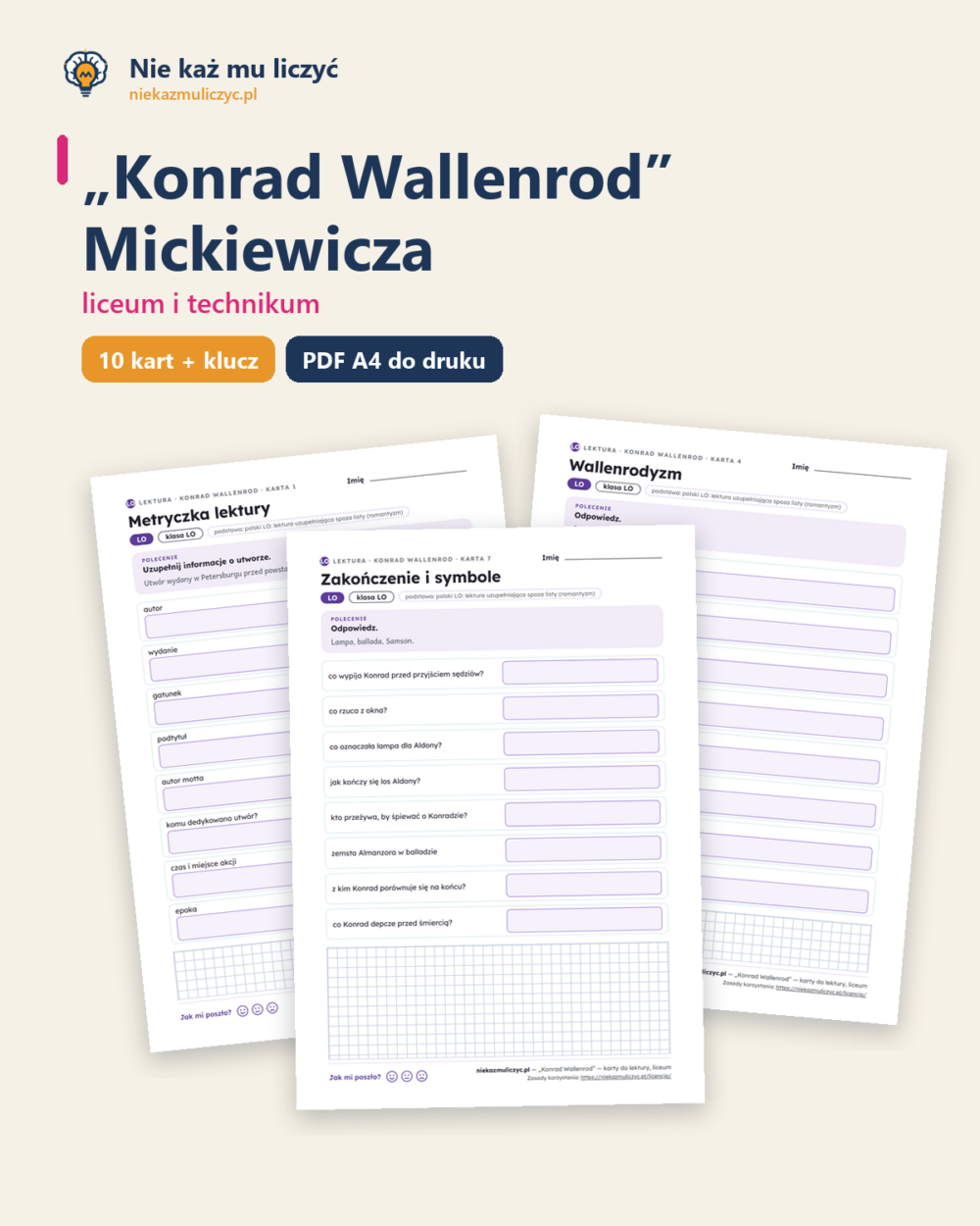 „Konrad Wallenrod” Mickiewicza — karty do lektury, liceum, 10 kart PDF — okładka