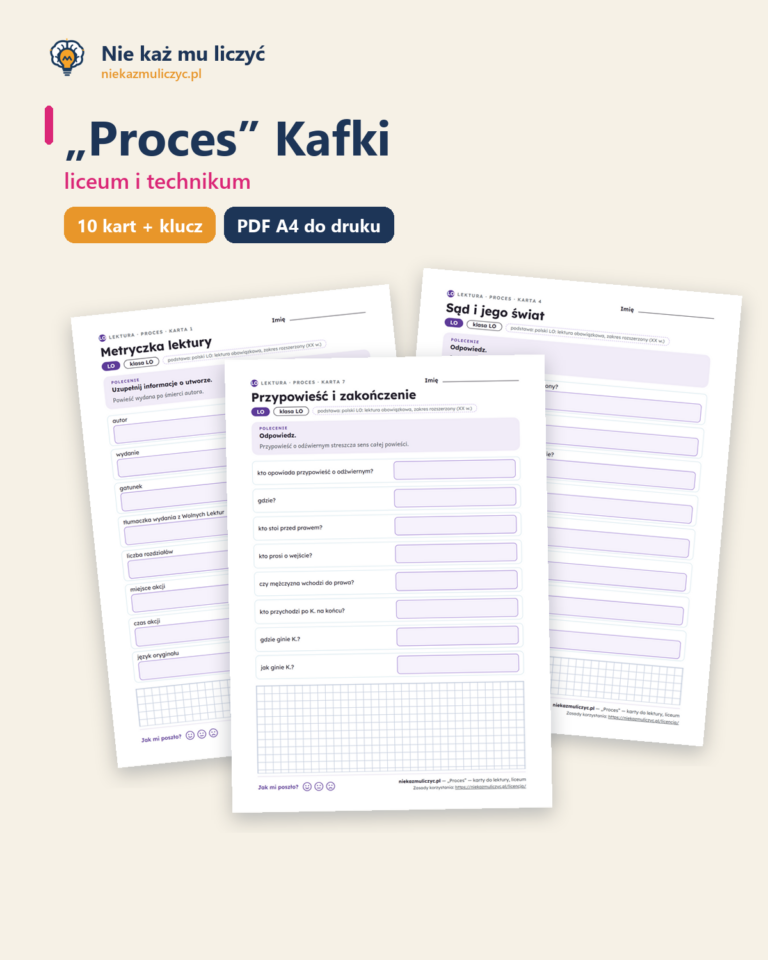 „Proces” Kafki — karty do lektury, liceum, 10 kart PDF — okładka