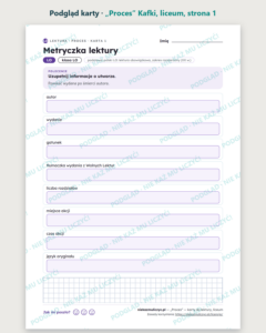 „Proces” Kafki — karty do lektury, liceum, 10 kart PDF — podgląd karty, strona 1