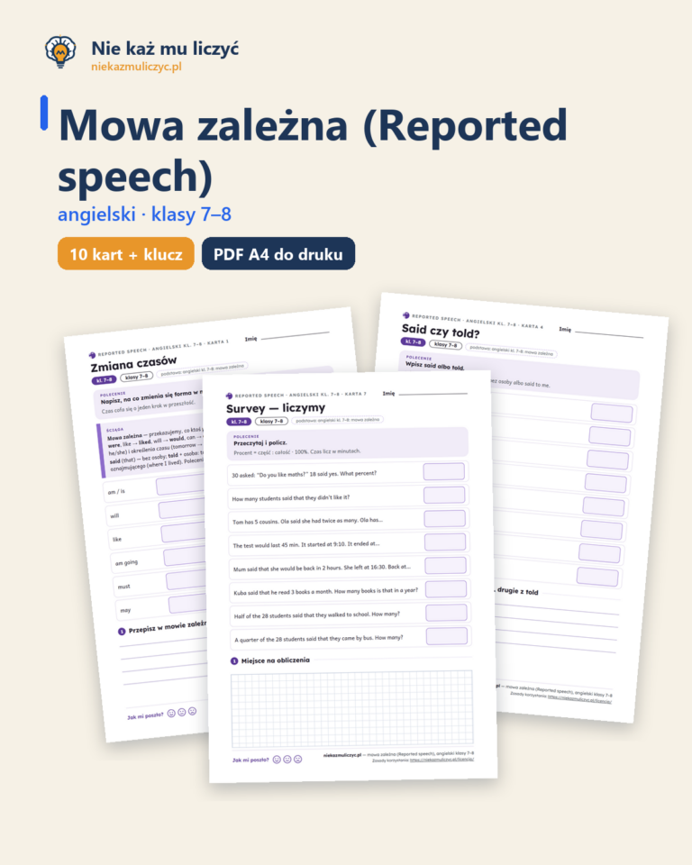 Mowa zależna (Reported speech), angielski klasy 7–8 — 10 kart PDF — okładka