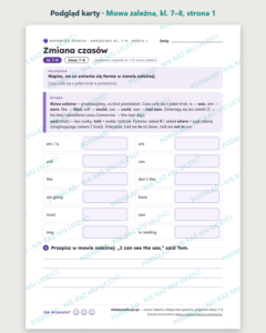 Mowa zależna (Reported speech), angielski klasy 7–8 — 10 kart PDF — podgląd karty, strona 1