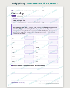 Past Continuous, angielski klasy 7–8 — 10 kart pracy PDF z kluczem — podgląd karty, strona 1