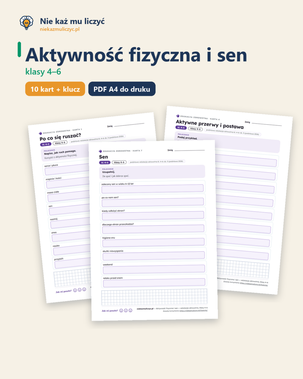 Aktywność fizyczna i sen — edukacja zdrowotna, klasy 4–6, 10 kart PDF — okładka