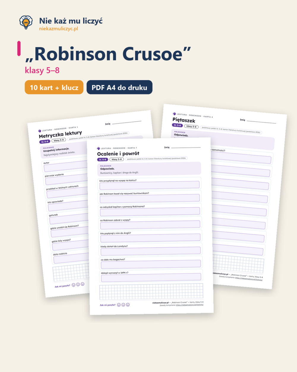 „Robinson Crusoe” — karty do lektury, klasy 5–8, 10 kart PDF — okładka