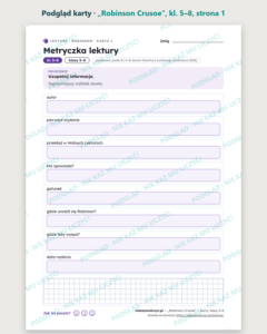 „Robinson Crusoe” — karty do lektury, klasy 5–8, 10 kart PDF — podgląd karty, strona 1
