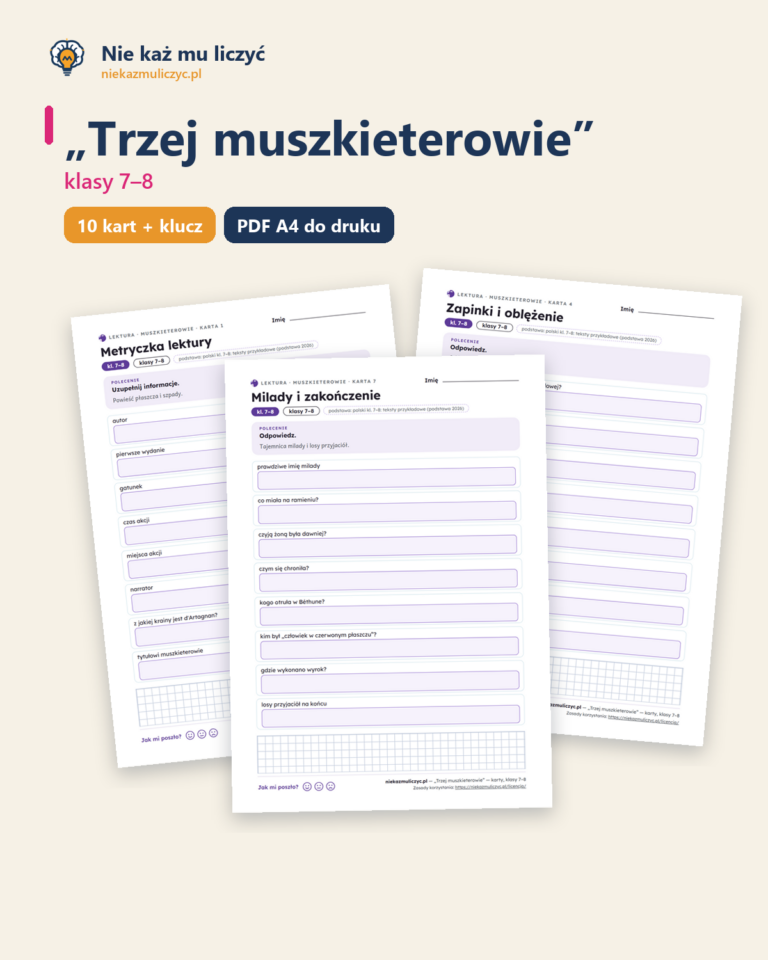 „Trzej muszkieterowie” — karty do lektury, klasy 7–8, 10 kart PDF — okładka