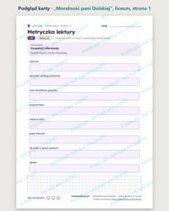 „Moralność pani Dulskiej” — karty do lektury, liceum, 10 kart PDF — podgląd karty, strona 1