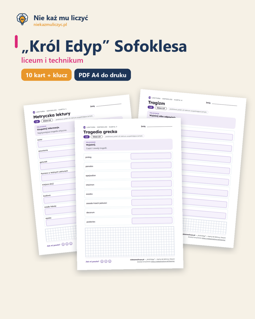 „Król Edyp” Sofoklesa — karty do lektury, liceum, 10 kart PDF — okładka