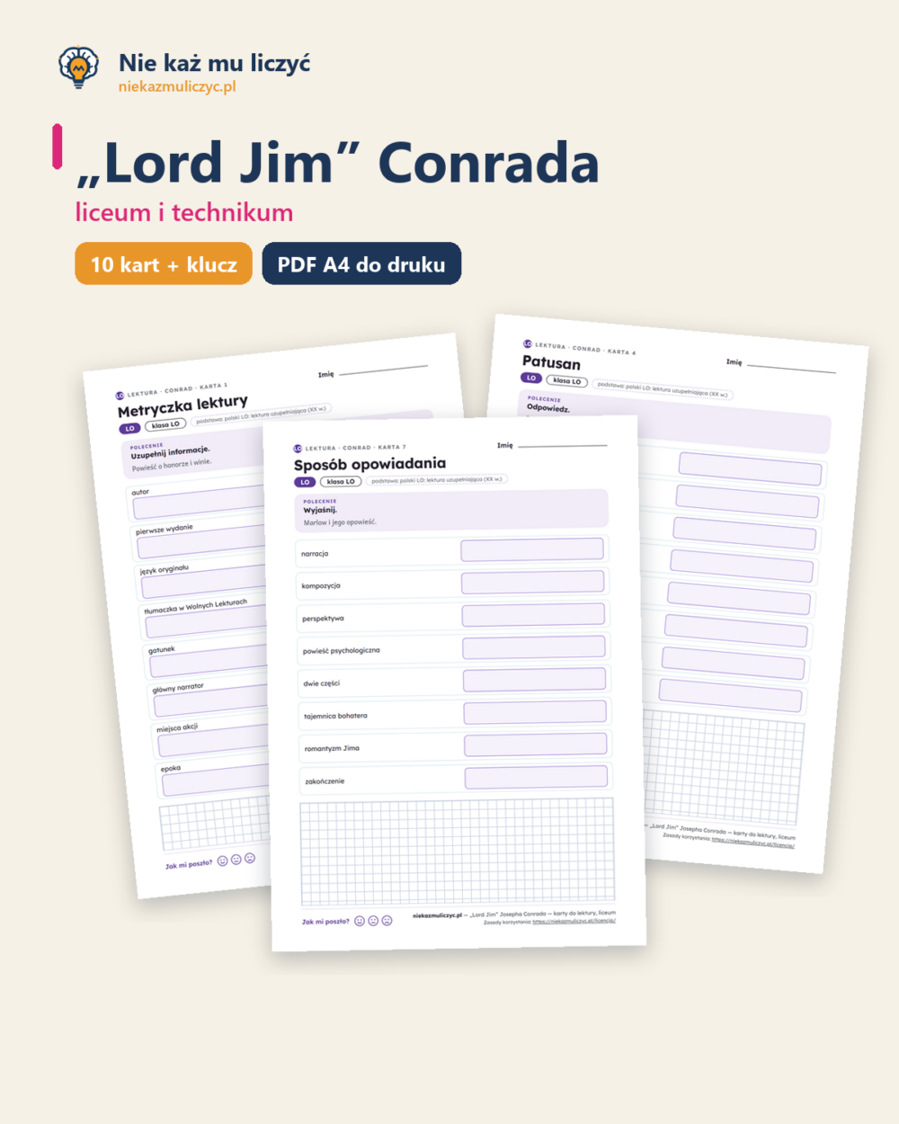 „Lord Jim” Conrada — karty do lektury, liceum, 10 kart PDF — okładka