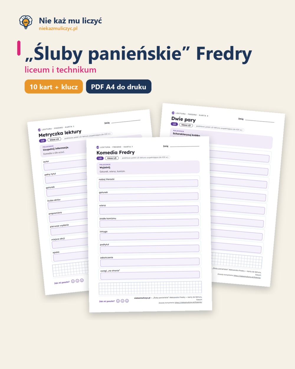 „Śluby panieńskie” Fredry — karty do lektury, liceum, 10 kart PDF — okładka