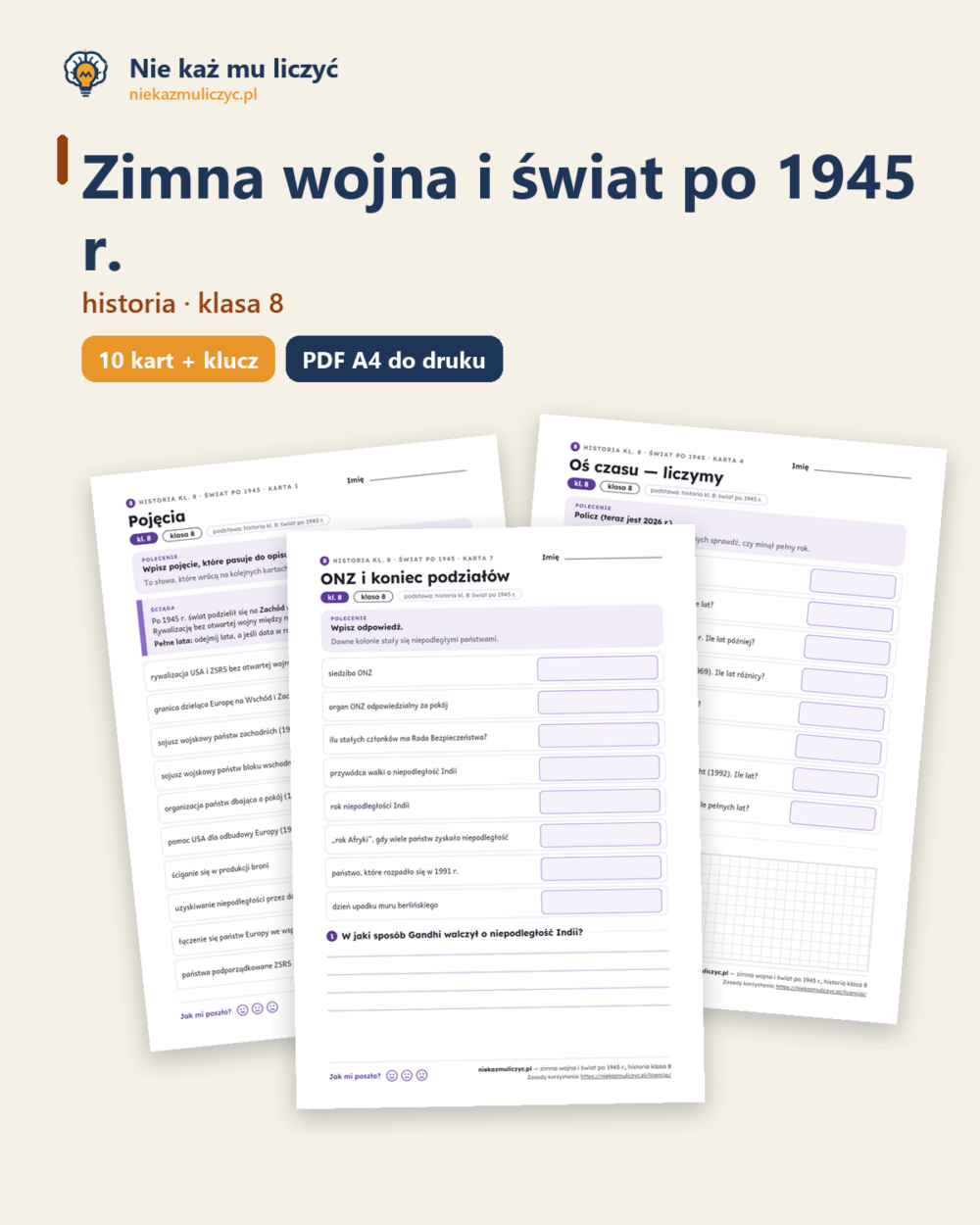 Zimna wojna i świat po 1945 r., historia kl. 8 — 10 kart PDF z kluczem — okładka