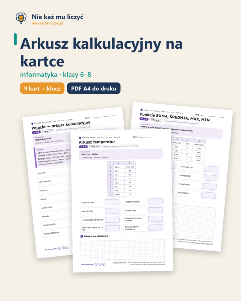 Arkusz kalkulacyjny na kartce, informatyka kl. 6–8 — 9 kart PDF — okładka