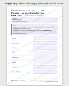 Arkusz kalkulacyjny na kartce, informatyka kl. 6–8 — 9 kart PDF — podgląd karty, strona 1