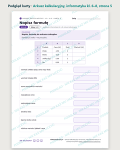 Arkusz kalkulacyjny na kartce, informatyka kl. 6–8 — 9 kart PDF — podgląd karty, strona 5
