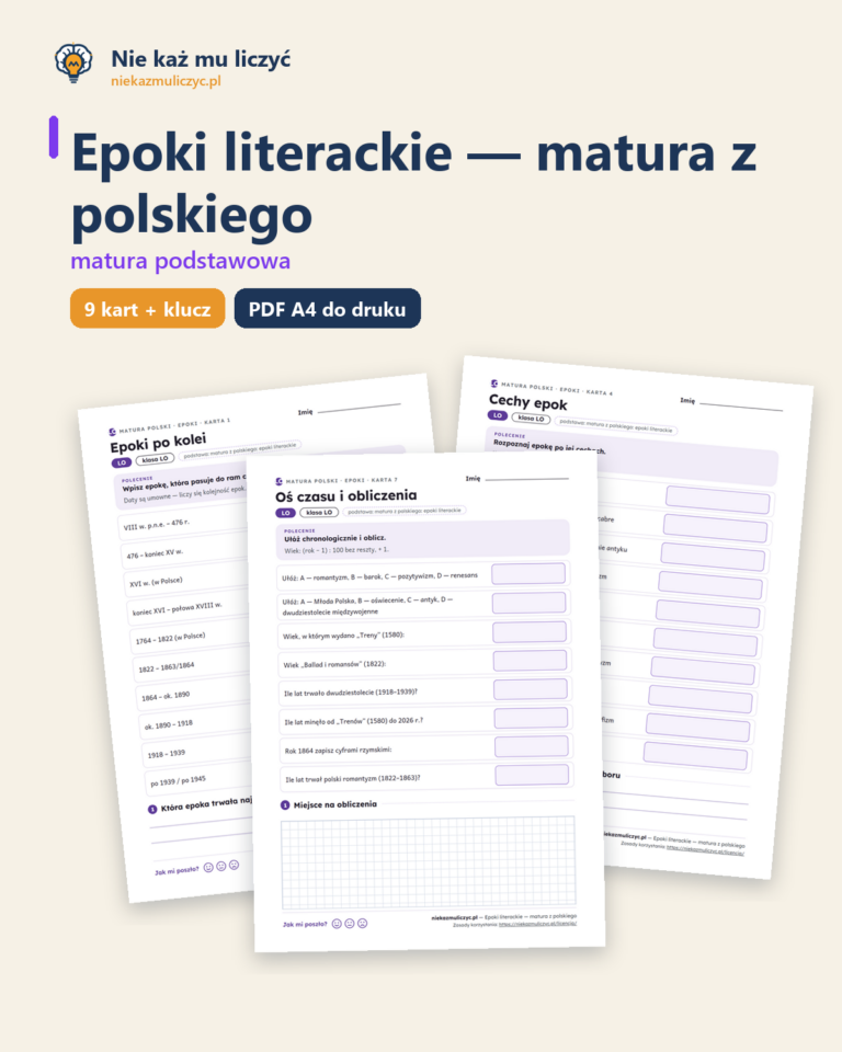Epoki literackie, matura z polskiego — 9 kart PDF z kluczem — okładka