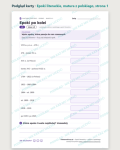 Epoki literackie, matura z polskiego — 9 kart PDF z kluczem — podgląd karty, strona 1