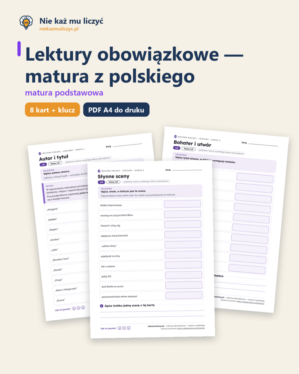 Lektury obowiązkowe, matura z polskiego — 8 kart PDF z kluczem — okładka