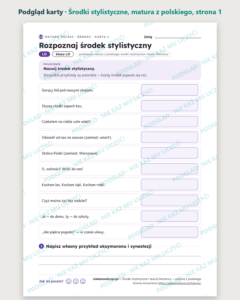 Środki stylistyczne i teoria literatury, matura — 9 kart PDF z kluczem — podgląd karty, strona 1