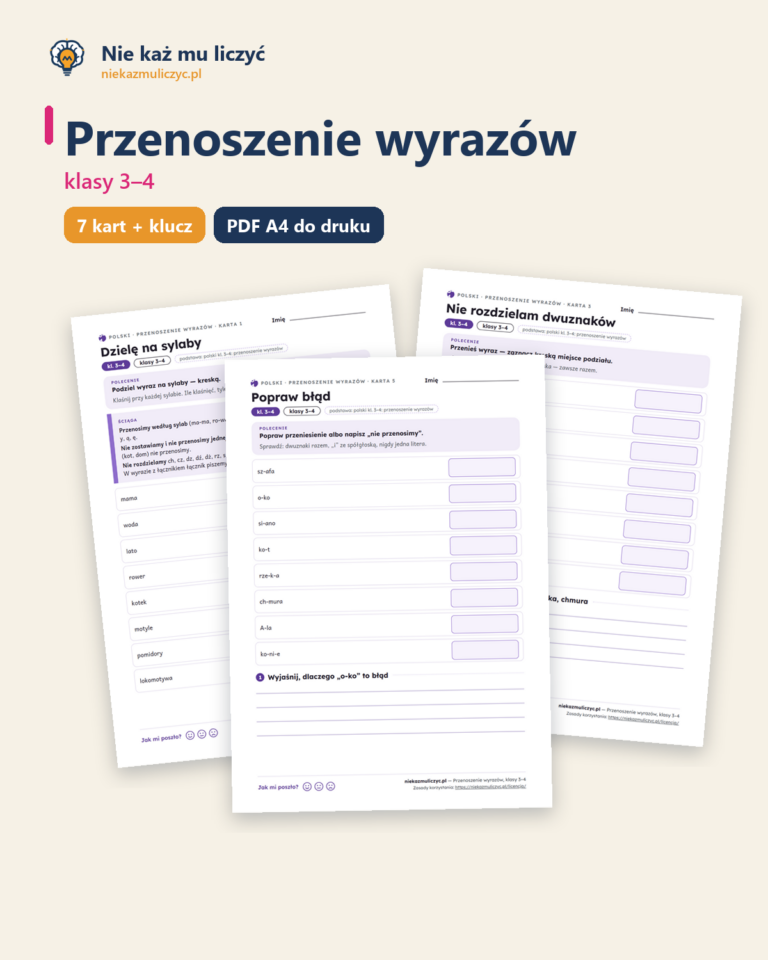 Przenoszenie wyrazów, język polski kl. 3–4 — 7 kart PDF z kluczem — okładka