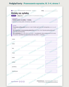 Przenoszenie wyrazów, język polski kl. 3–4 — 7 kart PDF z kluczem — podgląd karty, strona 1