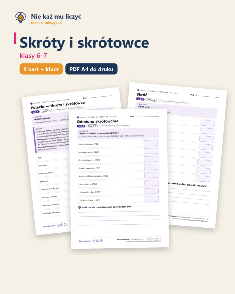 Skróty i skrótowce, język polski kl. 6–7 — 9 kart PDF z kluczem — okładka