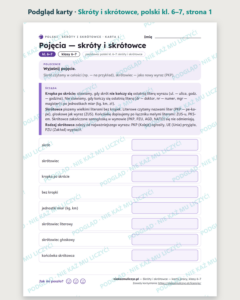 Skróty i skrótowce, język polski kl. 6–7 — 9 kart PDF z kluczem — podgląd karty, strona 1