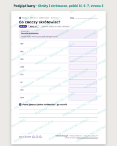 Skróty i skrótowce, język polski kl. 6–7 — 9 kart PDF z kluczem — podgląd karty, strona 5