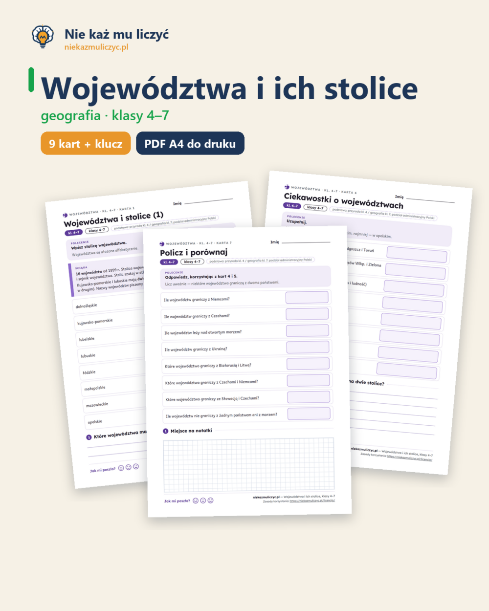 Województwa i ich stolice, kl. 4–7 — 9 kart pracy PDF z kluczem — okładka