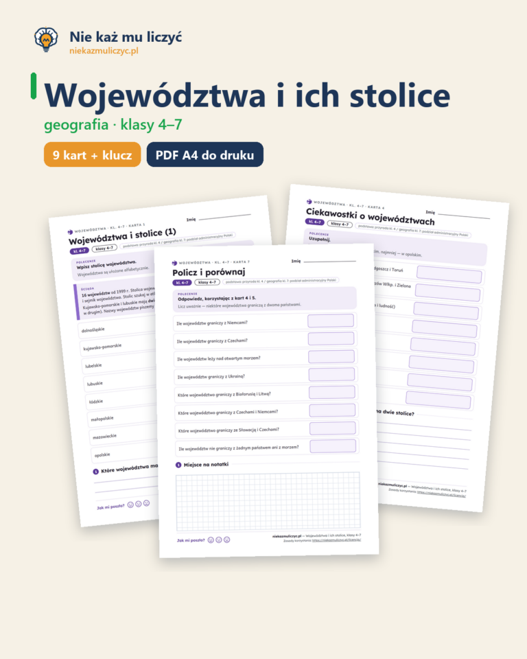 Województwa i ich stolice, kl. 4–7 — 9 kart pracy PDF z kluczem — okładka