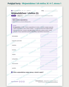 Województwa i ich stolice, kl. 4–7 — 9 kart pracy PDF z kluczem — podgląd karty, strona 1