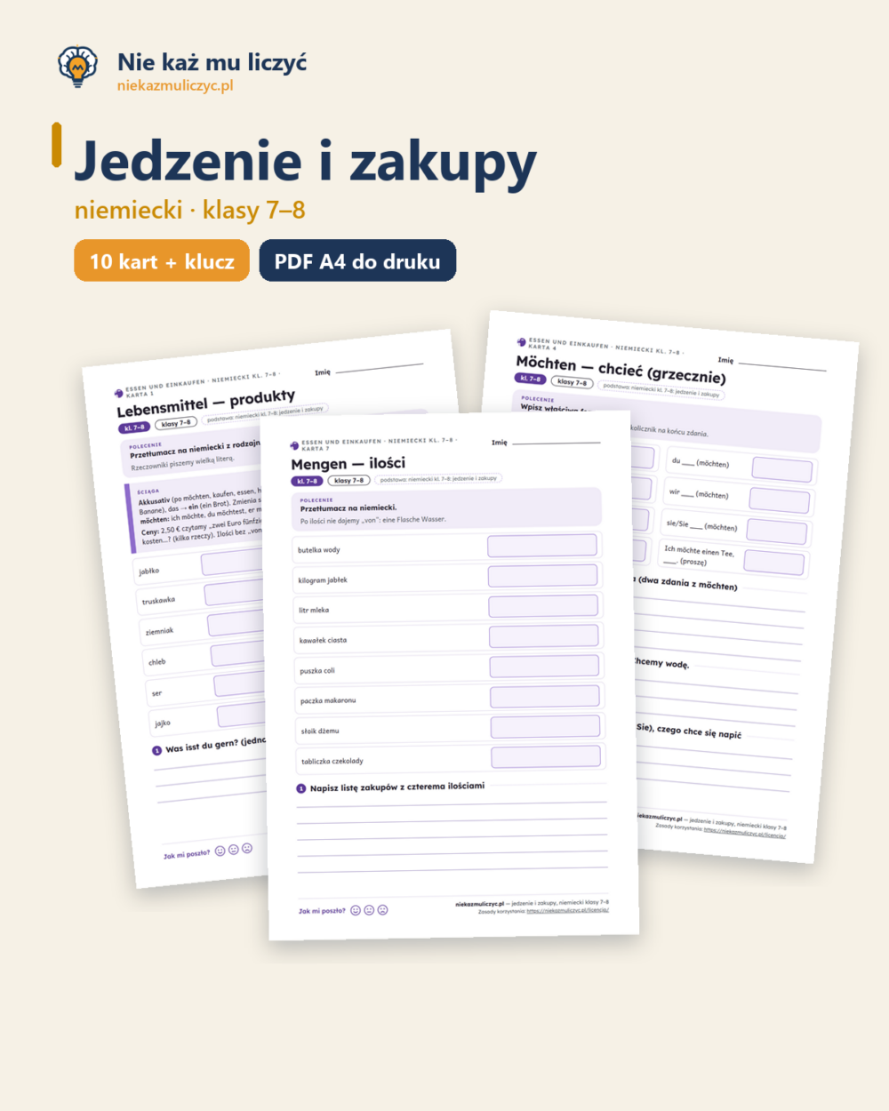 Jedzenie i zakupy, niemiecki klasy 7–8 — 10 kart pracy PDF z kluczem — okładka