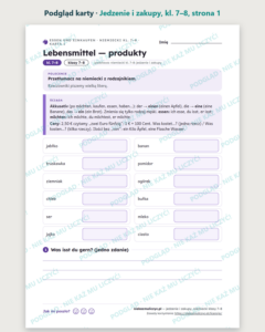 Jedzenie i zakupy, niemiecki klasy 7–8 — 10 kart pracy PDF z kluczem — podgląd karty, strona 1
