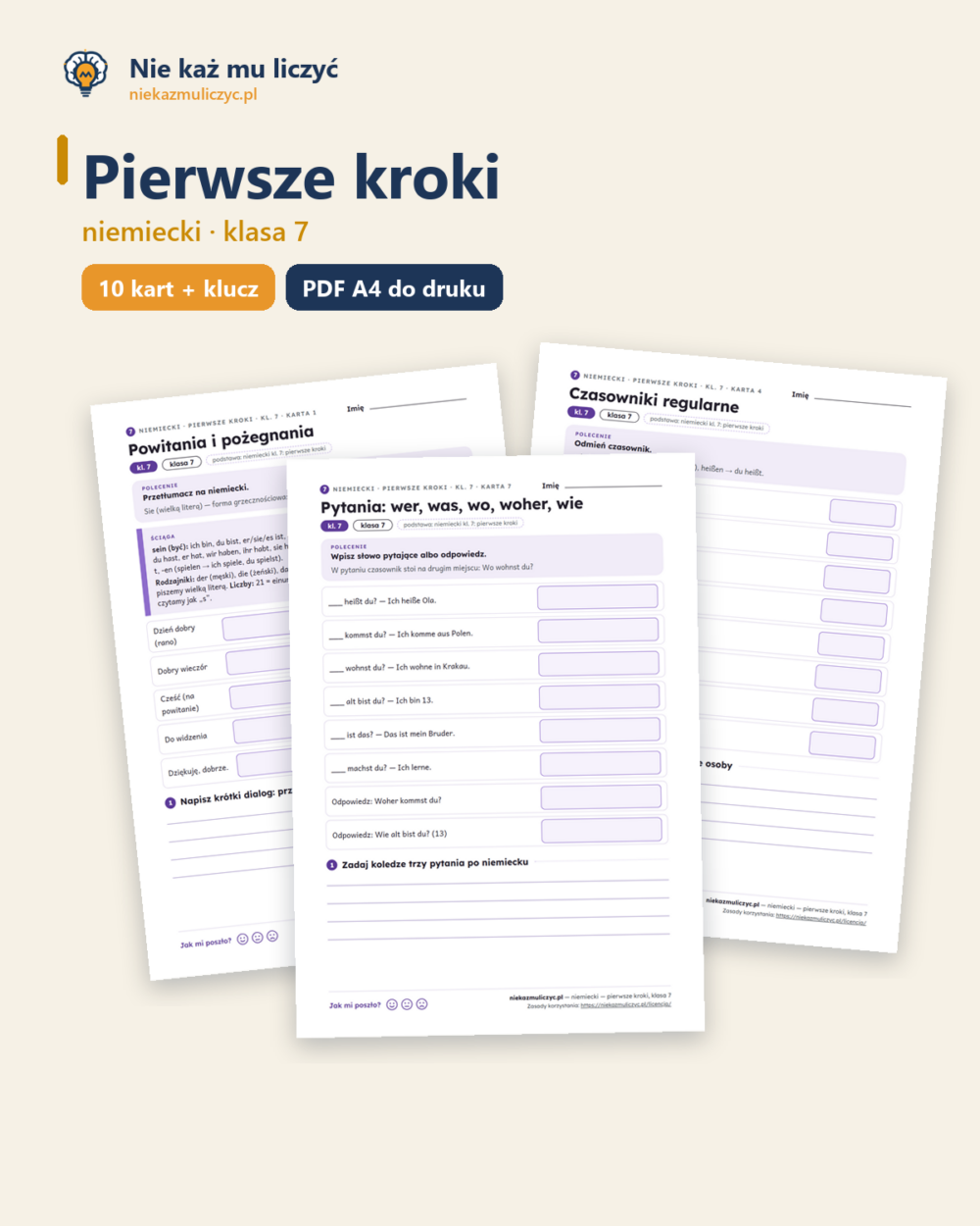 Pierwsze kroki, niemiecki klasa 7 — 10 kart pracy PDF z kluczem — okładka