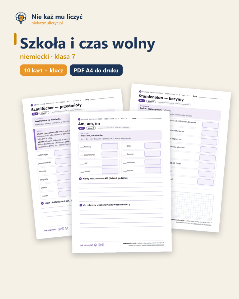 Szkoła i czas wolny, niemiecki klasa 7 — 10 kart pracy PDF z kluczem — okładka