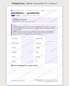 Szkoła i czas wolny, niemiecki klasa 7 — 10 kart pracy PDF z kluczem — podgląd karty, strona 1
